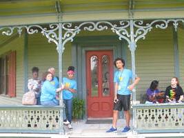 students on porch